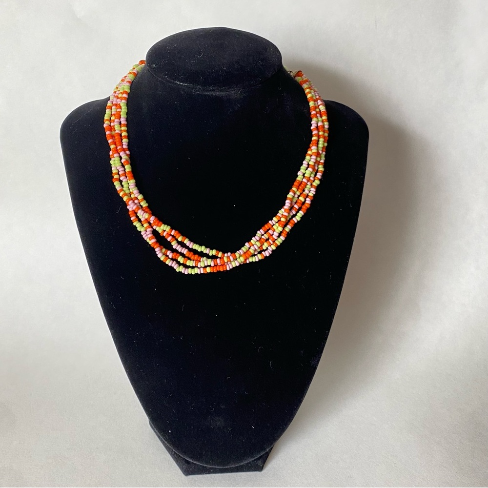 Multistrand seed beaded orange yellow pink short choker necklace West Germany